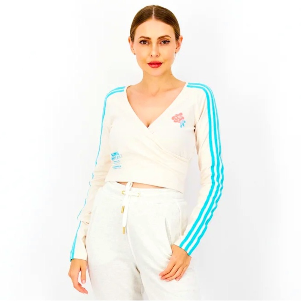NWT Adidas Long Sleeve Original Floral 3 Stripe Faux Wrap Top Sz XS